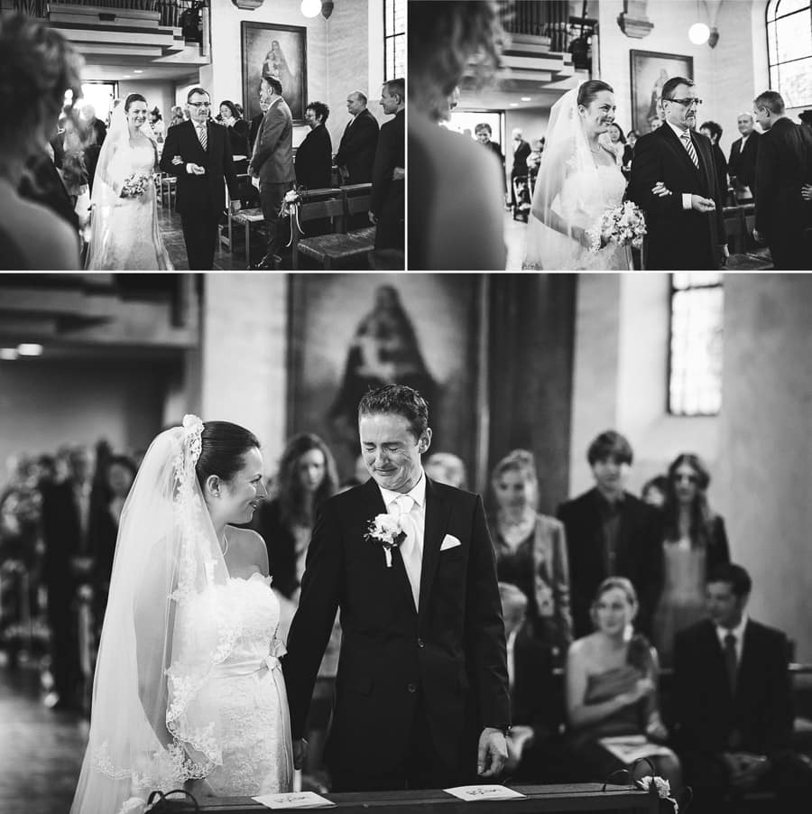 Collage aus 3 Bildern auf dem Hauptfoto weint der Bräutigam berührt beim Anblick seiner wunderschönen Braut