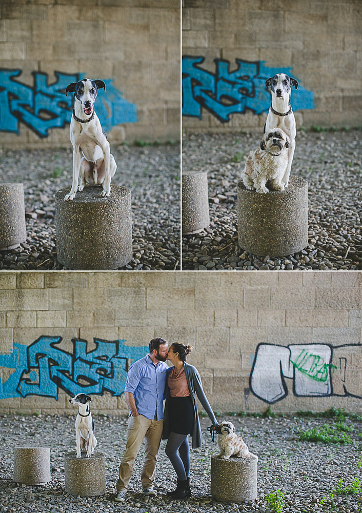 Pärchen mir Hunden vor Graffiti Wand