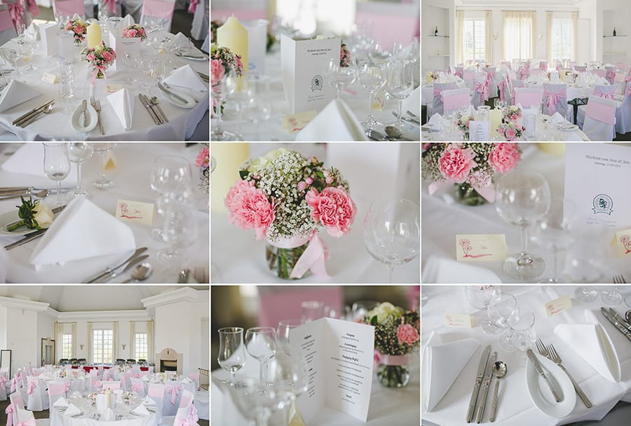 Stilvolle Tischdekoration einer Hochzeit im Golfclub Kosaido in Düsseldorf Collage aus 9 Bildern mit Blumen, Menükarten, Raum, Namenskärtchen